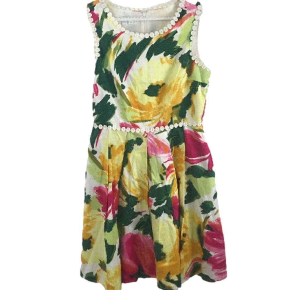London Times Yellow/Pink Floral A-Line Dress